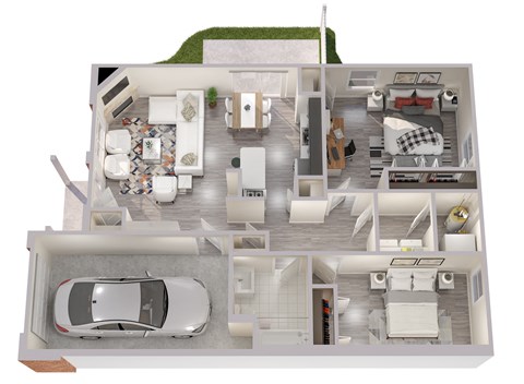 3-D floor plan of ranch townhome with 2-bedrooms & 1-bathroom as well as attached 1-car garage